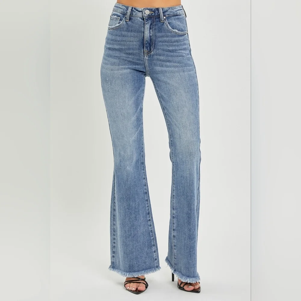 RISEN Tummy Control High-Rise Slim Fit Pants Frayed Flare Hem Retro Denim Jeans - Picture 8 of 15